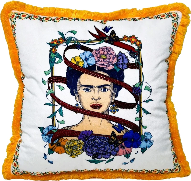 Frida Kahlo by Casa Padrino Luxus Deko Kissen mit Strass Steinen Weiß / Bunt / Orange