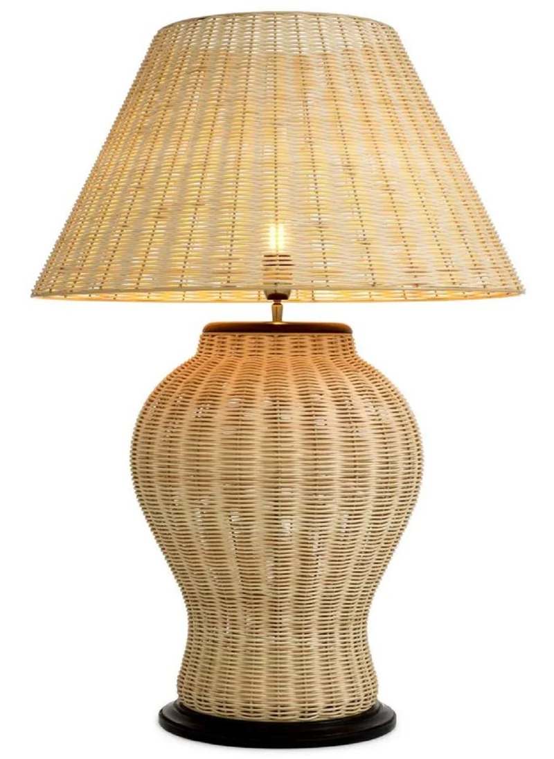Casa Padrino Luxus Rattan Tischleuchte Naturfarben / Schwarz Ø 66,5 x H. 96,5 cm
