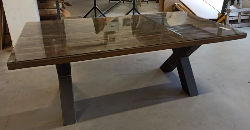 Casa Padrino Landhausstil Esstisch mit Glasplatte Braun / Schwarz 200 cm - Rustikale Esszimmer Möbel
