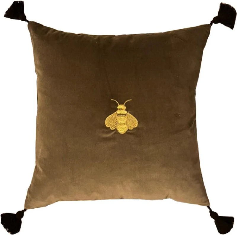 Casa Padrino Luxus Deko Kissen mit Troddeln Biene Oliv / Gold 45 x 45 cm