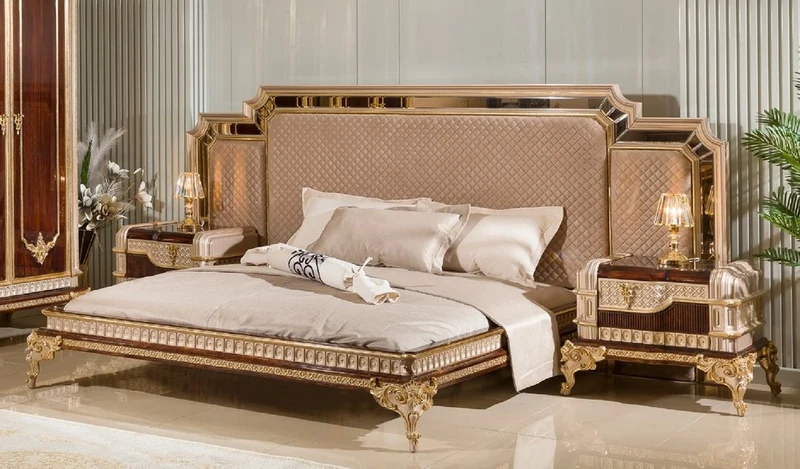 Casa Padrino Luxus Barock Doppelbett mit 2 Nachtkommoden Grau / Dunkelbraun / Gold - Barock Möbel