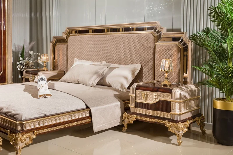 Casa Padrino Luxus Barock Doppelbett mit 2 Nachtkommoden Grau / Dunkelbraun / Gold - Barock Möbel