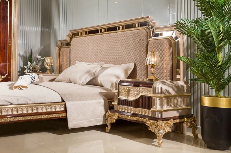 Casa Padrino Luxus Barock Doppelbett mit 2 Nachtkommoden Grau / Dunkelbraun / Gold - Barock Möbel