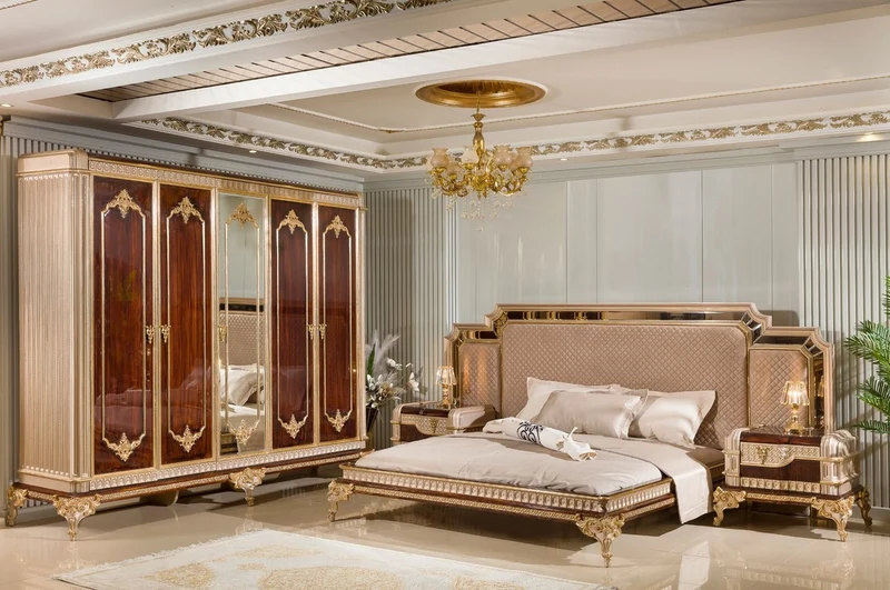 Casa Padrino Luxus Barock Doppelbett mit 2 Nachtkommoden Grau / Dunkelbraun / Gold - Barock Möbel