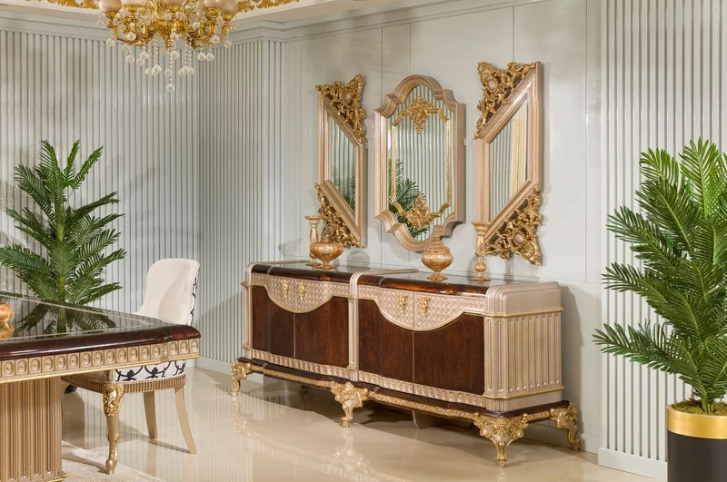 Casa Padrino Luxus Barock Sideboard und 3 Wandspiegel Dunkelbraun / Grau / Gold - Barock Möbel