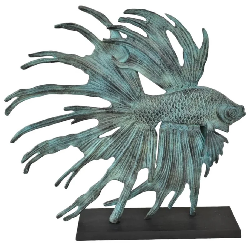 Casa Padrino Luxus Aluminium Deko Skulptur siamesischer Kampffisch Türkis / Schwarz 55 x 11,5 x H. 52,5 cm - Aluminium Deko Figur mit Holzsockel - Wohnzimmer Deko - Schreibtisch Deko