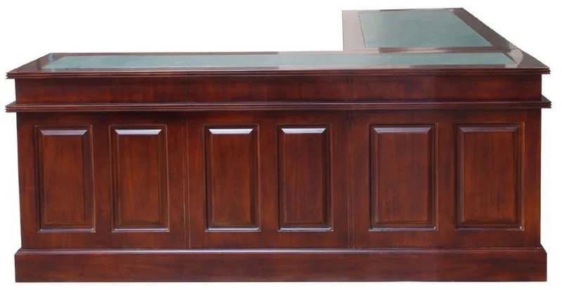 Casa Padrino Luxus Mahagoni Eckschreibtisch Dunkelbraun / Grün 225 x 200 x H. 80 cm - Massivholz Bürotisch - Mahagoni Büro Möbel - Luxus Büro Möbel