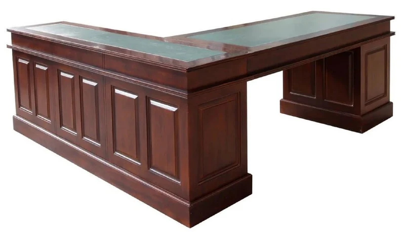 Casa Padrino Luxus Mahagoni Eckschreibtisch Dunkelbraun / Grün 225 x 200 x H. 80 cm - Massivholz Bürotisch - Mahagoni Büro Möbel - Luxus Büro Möbel