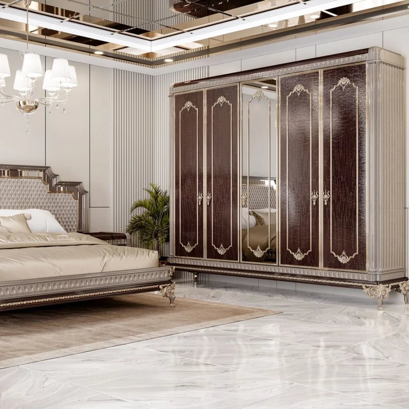 Casa Padrino Luxus Barock Schlafzimmer Schrank Dunkelbraun / Grau / Gold
