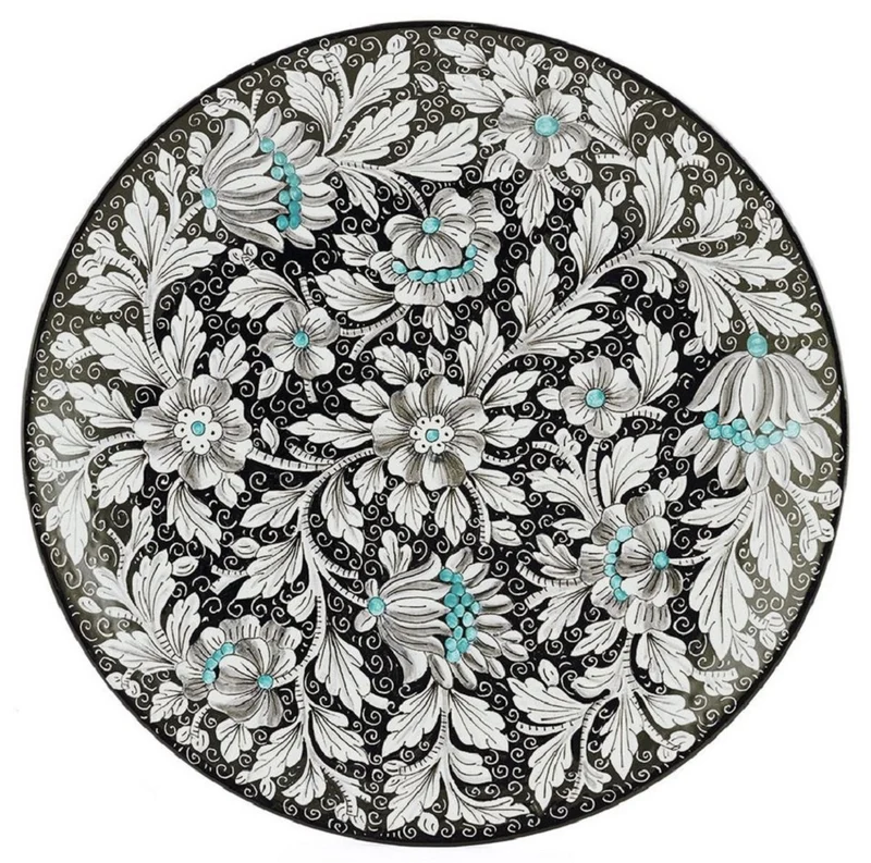 Casa Padrino Luxus Keramik Teller 6er Set Schwarz / Mehrfarbig Ø 40 cm - Handgefertigte & handbemalte Essteller mit Blumendesign - Hotel & Restaurant Accessoires - Luxus Qualität - Made in Italy