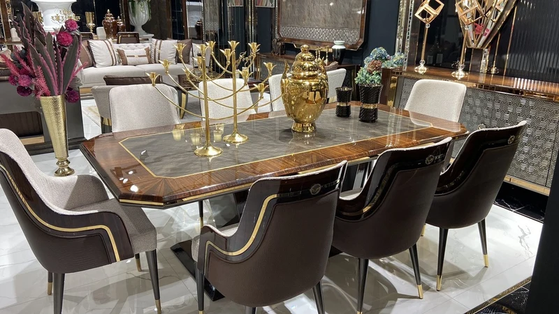 Casa Padrino Luxus Esszimmer Set Grau / Braun / Gold - 1 Esstisch & 8 Esszimmerstühle - Luxus Esszimmer Möbel - Luxus Qualität