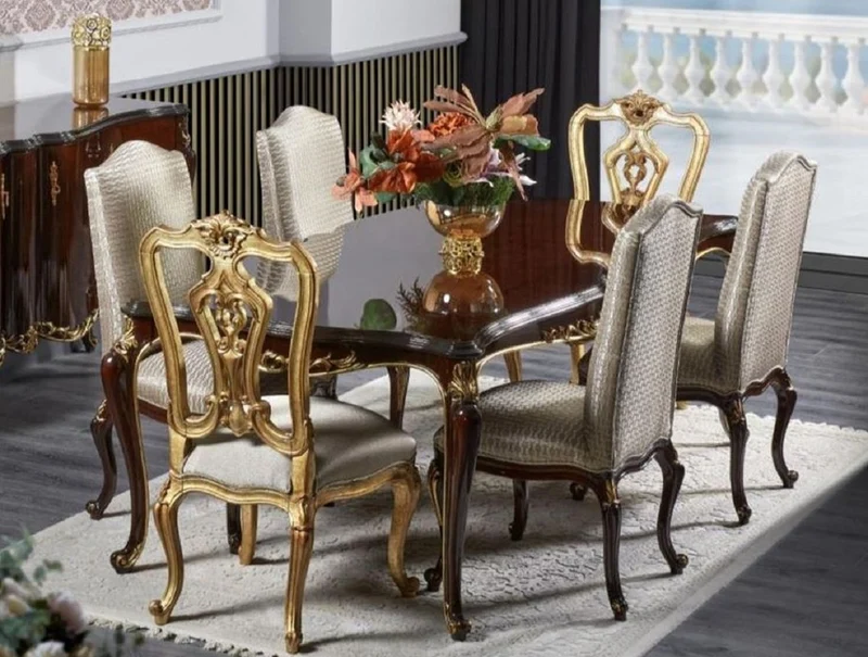 Casa Padrino Luxus Barock Esszimmer Set Dunkelbraun / Silber / Gold - Barock Esszimmer Möbel