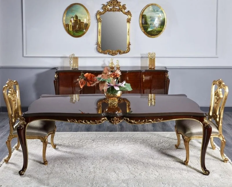 Casa Padrino Luxus Barock Esszimmer Set Dunkelbraun / Silber / Gold - Barock Esszimmer Möbel