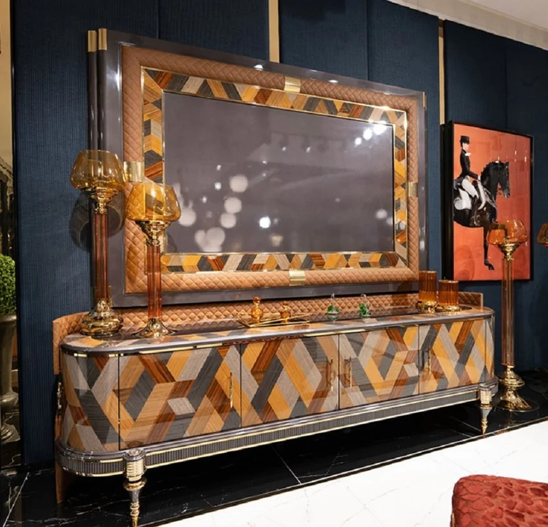 Casa Padrino Luxus Art Deco TV Schrank Set Mehrfarbig / Braun / Grau / Gold - Massivholz Wohnzimmer Sideboard mit TV Rückwand - Luxus Art Deco Wohnzimmer Möbel