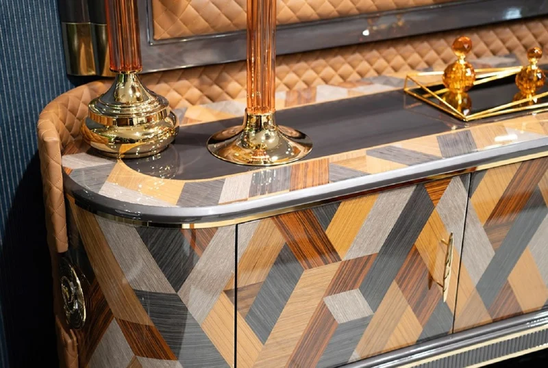 Casa Padrino Luxus Art Deco TV Schrank Set Mehrfarbig / Braun / Grau / Gold - Massivholz Wohnzimmer Sideboard mit TV Rückwand - Luxus Art Deco Wohnzimmer Möbel