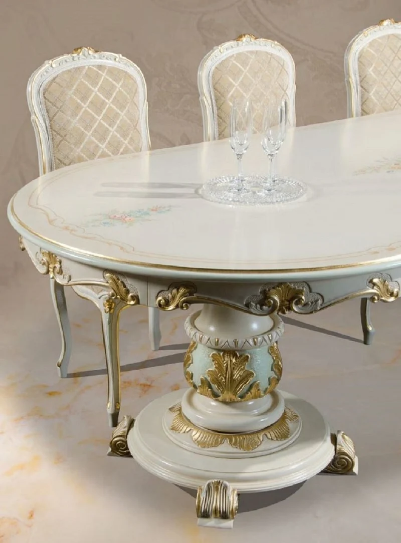 Casa Padrino Luxus Barock Esstisch Weiß / Creme / Mehrfarbig / Gold 700 cm - Riesiger Massivholz Esszimmertisch im Barockstil - Barock Esszimmer & Hotel Möbel - Luxus Qualität - Made in Italy