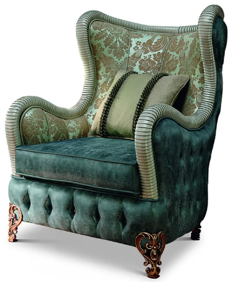 Casa Padrino Luxus Barock Ohrensessel Grün / Braun / Gold - Made in Italy