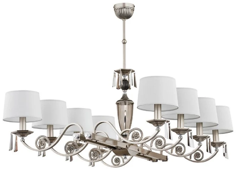 Casa Padrino Luxus Barock Kronleuchter Silber / Weiß 96 x 87 x H. 75 cm - Prunkvoller Barockstil Wohnzimmer Kronleuchter mit Lampenschirmen - Edel & Prunkvoll