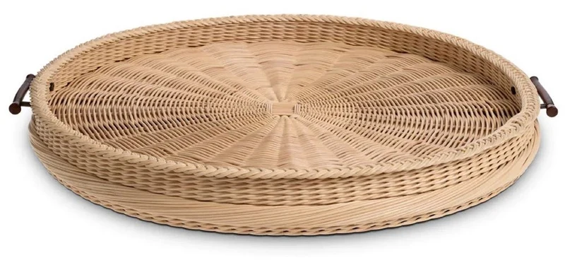 Casa Padrino Luxus Serviertablett Naturfarben / Braun Ø 83 x H. 9 cm - Rundes Rattan Tablett mit 2 Tragegriffen - Gastronomie & Restaurant Accessoires - Luxus Accessoires