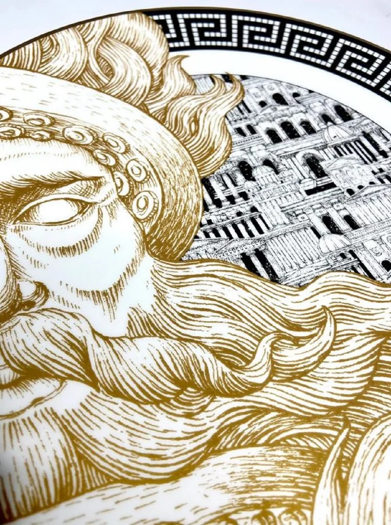 Casa Padrino Luxus Porzellan Teller Gott (linke Seite) Weiß / Schwarz / Gold Ø 29 cm - Handbemalter Porzellan Essteller - Luxus Qualität - Made in Italy