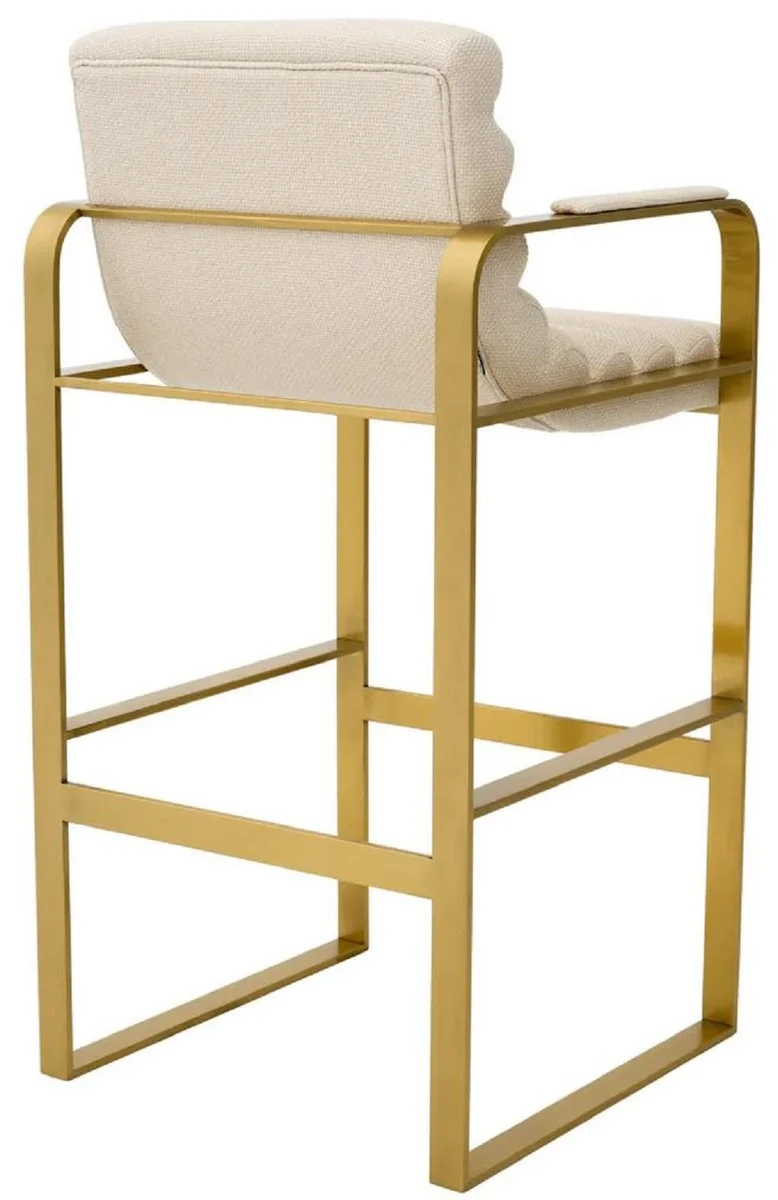 Casa Padrino Luxus Barstuhl mit Armlehnen Sandfarben / Messing 53,5 x 57,5 x H. 107 cm - Gepolsterter Edelstahl Barhocker - Bar Möbel - Luxus Möbel - Luxus Qualität