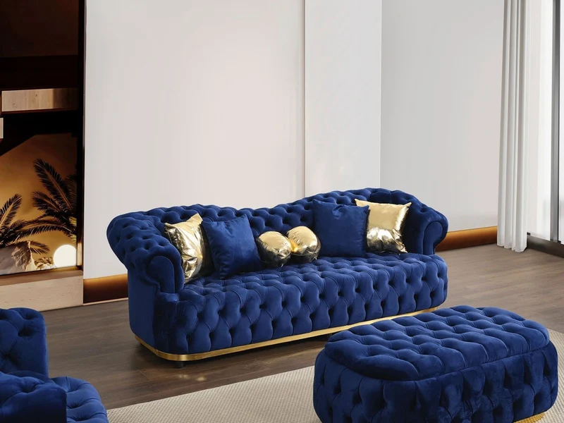 Casa Padrino Luxus Chesterfield Samt Hocker Blau / Gold 110 cm