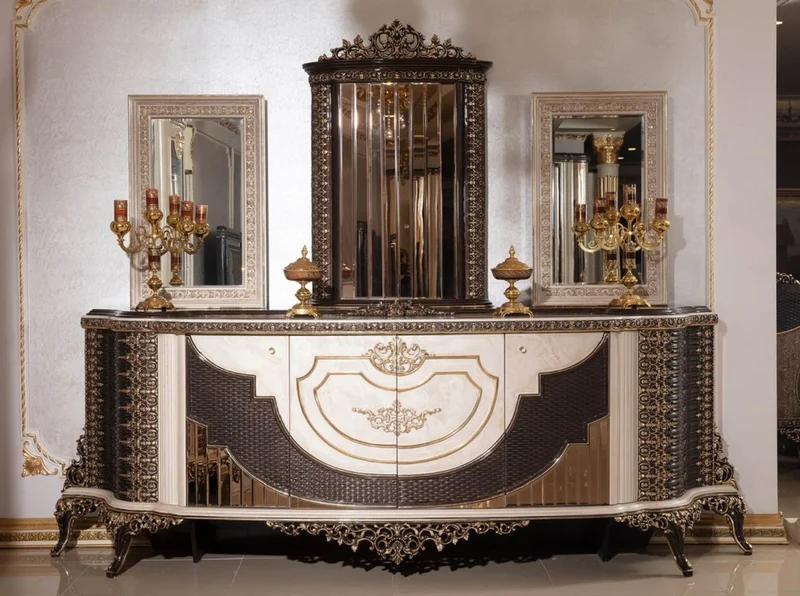 Casa Padrino Luxus Barock Sideboard und 3 Spiegel Creme / Dunkelbraun / Gold
