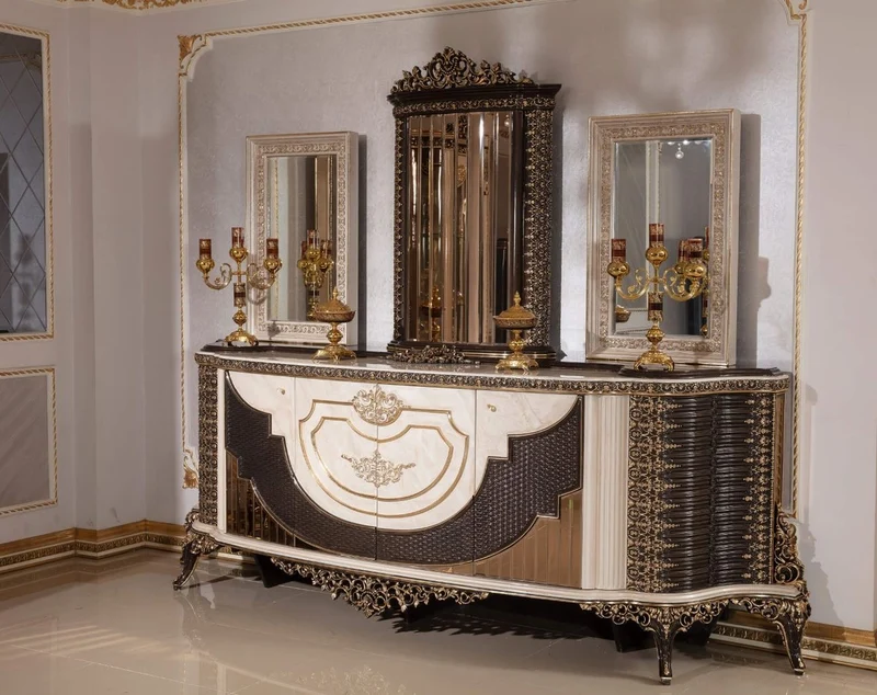 Casa Padrino Luxus Barock Sideboard und 3 Spiegel Creme / Dunkelbraun / Gold