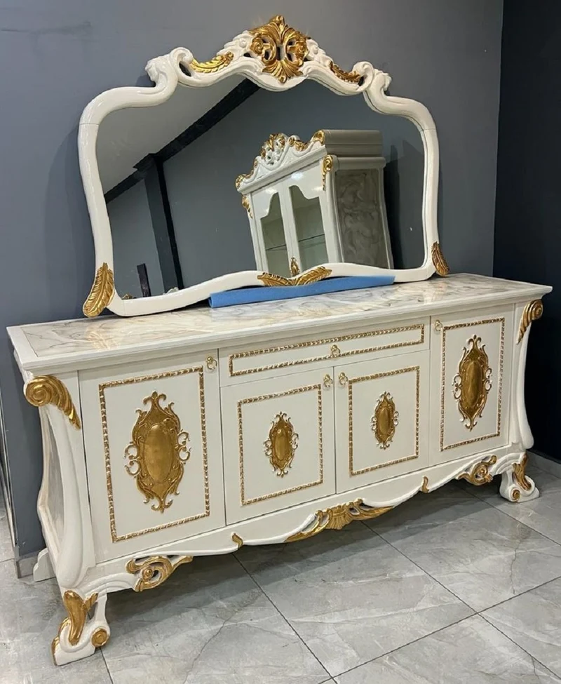 Casa Padrino Luxus Barock Sideboard 225 cm mit Spiegel Weiß / Gold
