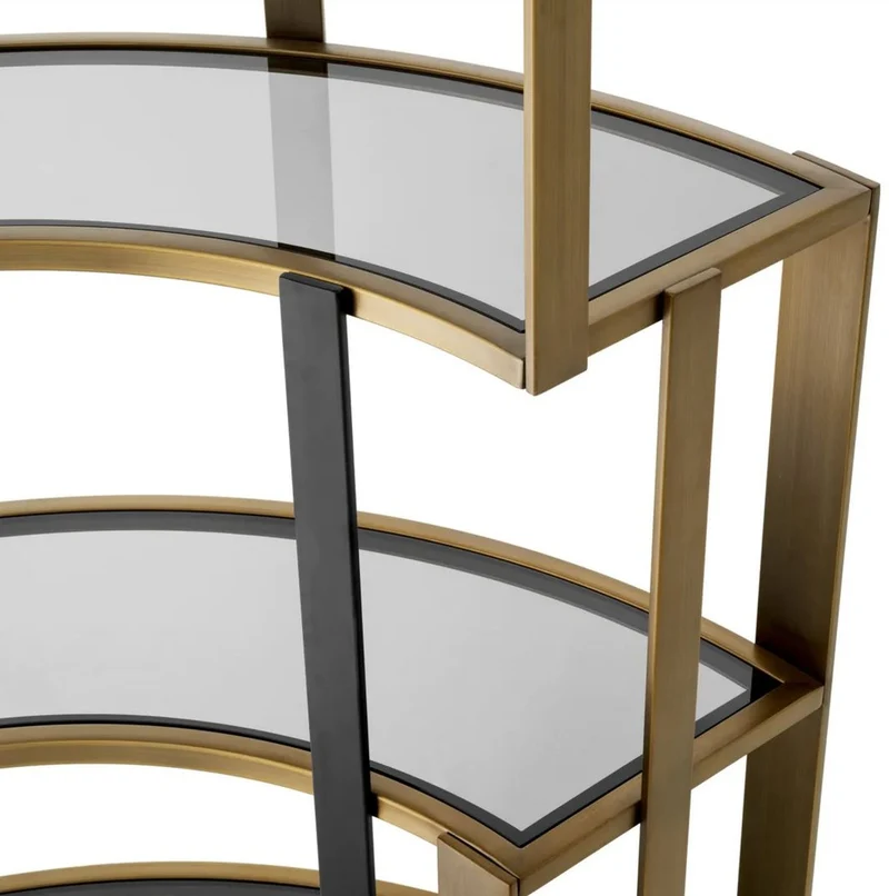 Casa Padrino Luxus Regalschrank Messing / Schwarz / Grau 115 x 37 x H. 240 cm - Gebogener Metall Schrank mit 6 Glasregalen - Wohnzimmer Möbel - Hotel Möbel - Luxus Möbel - Luxus Qualität