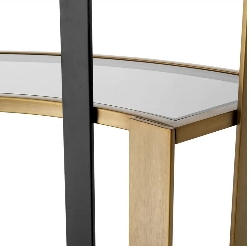 Casa Padrino Luxus Regalschrank Messing / Schwarz / Grau 115 x 37 x H. 240 cm - Gebogener Metall Schrank mit 6 Glasregalen - Wohnzimmer Möbel - Hotel Möbel - Luxus Möbel - Luxus Qualität