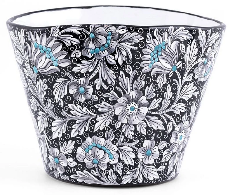 Casa Padrino Luxus Keramik Blumentopf Schwarz / Mehrfarbig Ø 27 x H. 20 cm - Runder handgefertigter & handbemalter Keramik Pflanzentopf - Luxus Qualität - Made in Italy