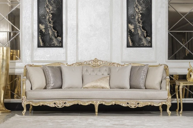 Casa Padrino Luxus Barock Wohnzimmer Sofa Grau / Gold 292 cm - Barock Möbel