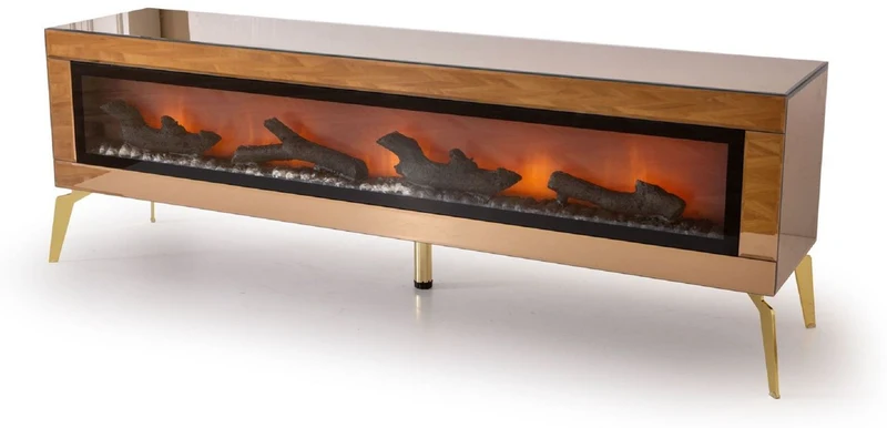 Casa Padrino Luxus TV Schrank mit LED Elektrokamin und Fernbedienung Gold 180 cm