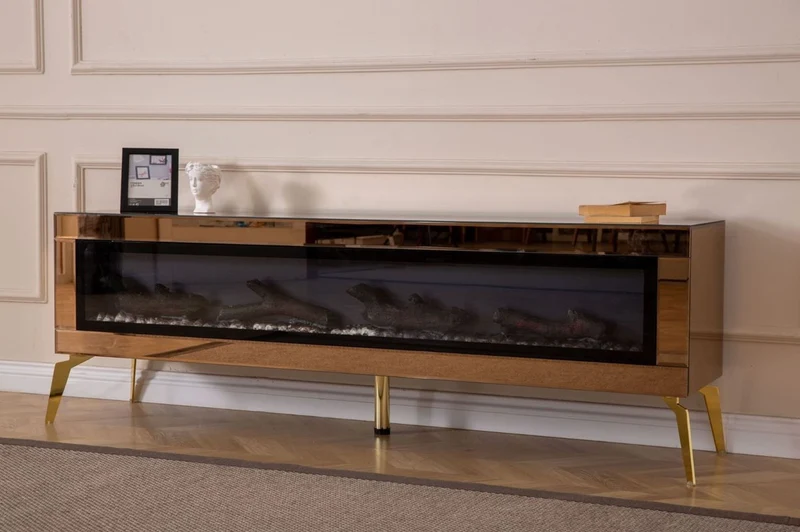 Casa Padrino Luxus TV Schrank mit LED Elektrokamin und Fernbedienung Gold 180 cm