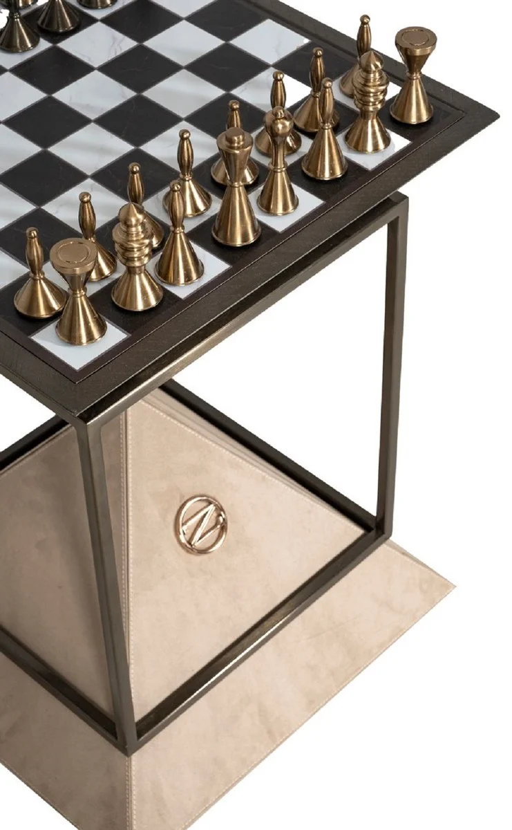 Casa Padrino Luxus Schach Beistelltisch Dunkelbraun / Weiß / Beige / Bronze 50 x 50 x H. 70 cm - Wohnzimmer Beistelltisch - Hotel Tisch - Wohnzimmer Möbel - Hotel Möbel - Luxus Qualität