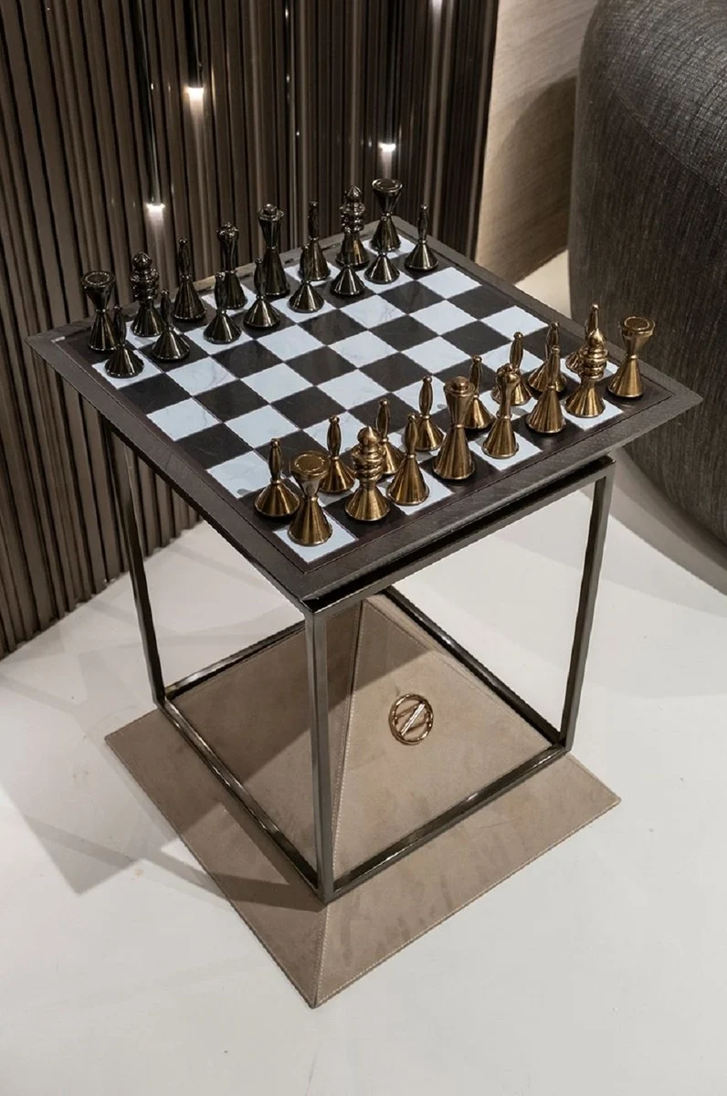 Casa Padrino Luxus Schach Beistelltisch Dunkelbraun / Weiß / Beige / Bronze 50 x 50 x H. 70 cm - Wohnzimmer Beistelltisch - Hotel Tisch - Wohnzimmer Möbel - Hotel Möbel - Luxus Qualität
