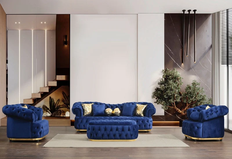 Casa Padrino Luxus Chesterfield Samt Sofa Blau / Gold / Schwarz 240 cm