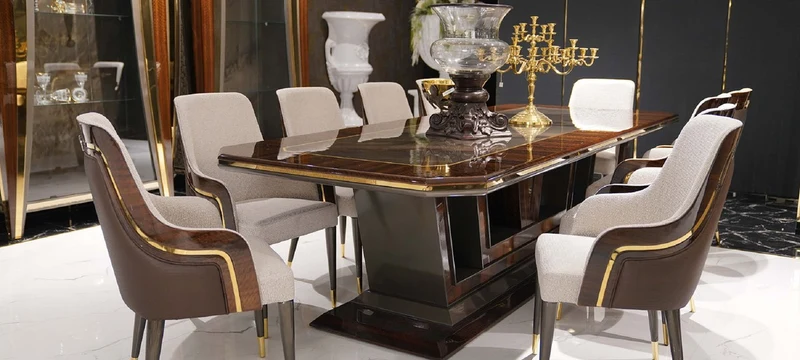 Casa Padrino Luxus Esszimmer Set Grau / Braun / Gold - 1 Esstisch & 10 Esszimmerstühle - Luxus Esszimmer Möbel - Luxus Qualität