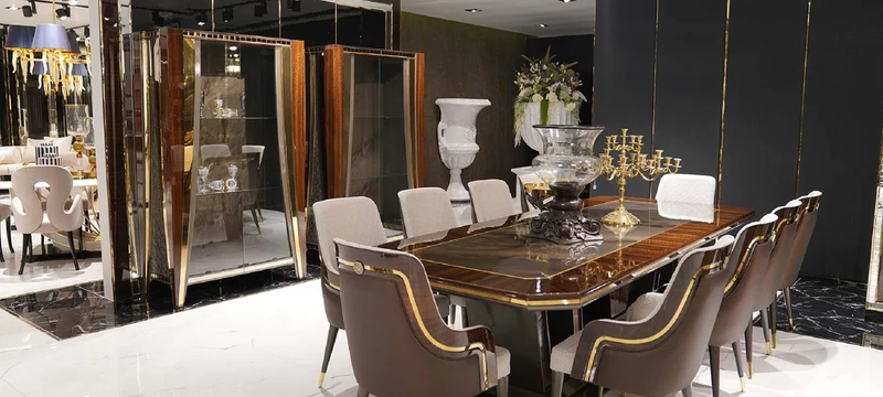 Casa Padrino Luxus Esszimmer Set Grau / Braun / Gold - 1 Esstisch & 10 Esszimmerstühle - Luxus Esszimmer Möbel - Luxus Qualität