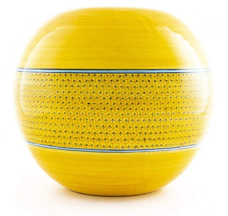 Casa Padrino Luxus Keramik Vase Gelb / Blau / Schwarz Ø 30 x H. 26 cm - Runde handgefertigte & handbemalte Blumenvase - Deko Accessoires - Luxus Qualität - Made in Italy