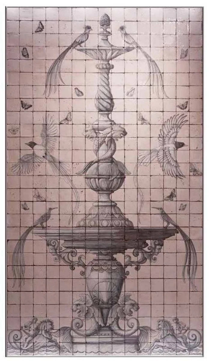Casa Padrino Luxus Barock Deko Wandgemälde Brunnen & Vögel Rosa / Grau 155 x H. 280 cm - Handgefertigte & Handbemalte Naturstein Mosaik Fliesen - Barock Wanddeko - Edel & Prunkvoll