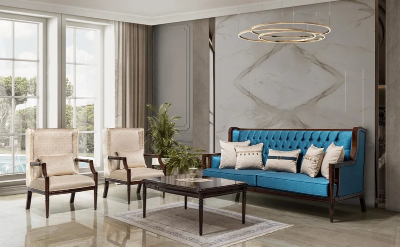 Casa Padrino Luxus Barockstil Wohnzimmer Möbel Set Beige / Blau / Dunkelbraun