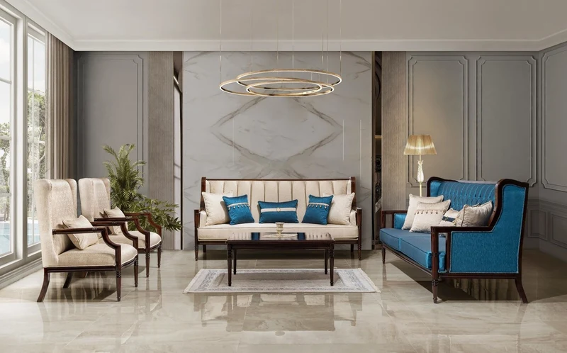 Casa Padrino Luxus Barockstil Wohnzimmer Möbel Set Beige / Blau / Dunkelbraun