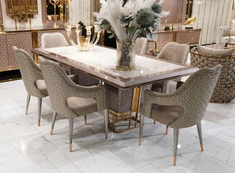 Casa Padrino Luxus Esszimmer Set Weiß / Grau / Gold - 1 Luxus Esstisch & 6 Luxus Esszimmerstühle - Luxus Esszimmer Möbel
