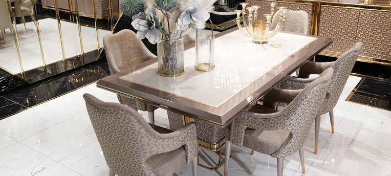Casa Padrino Luxus Esszimmer Set Weiß / Grau / Gold - 1 Luxus Esstisch & 6 Luxus Esszimmerstühle - Luxus Esszimmer Möbel