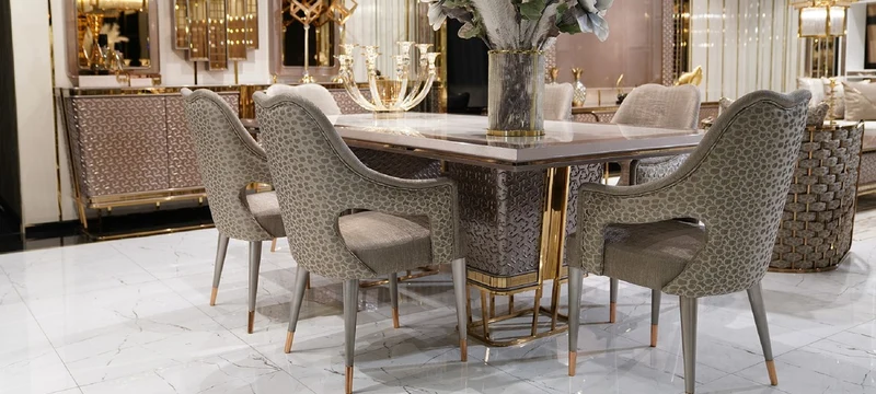 Casa Padrino Luxus Esszimmer Set Weiß / Grau / Gold - 1 Luxus Esstisch & 6 Luxus Esszimmerstühle - Luxus Esszimmer Möbel