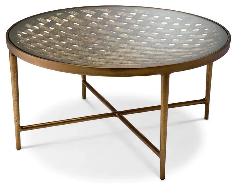 Casa Padrino Luxus Couchtisch Antik Messing Ø 90 x H. 44,5 cm - Runder Aluminium Wohnzimmertisch mit Glasplatte - Luxus Möbel - Wohnzimmer Möbel - Luxus Einrichtung