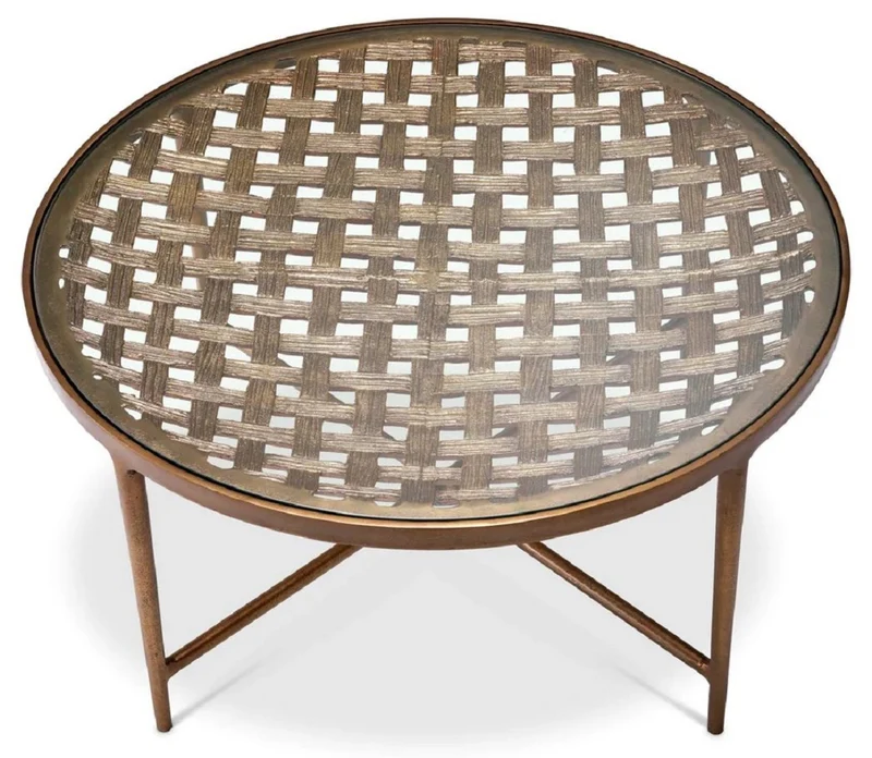 Casa Padrino Luxus Couchtisch Antik Messing Ø 90 x H. 44,5 cm - Runder Aluminium Wohnzimmertisch mit Glasplatte - Luxus Möbel - Wohnzimmer Möbel - Luxus Einrichtung
