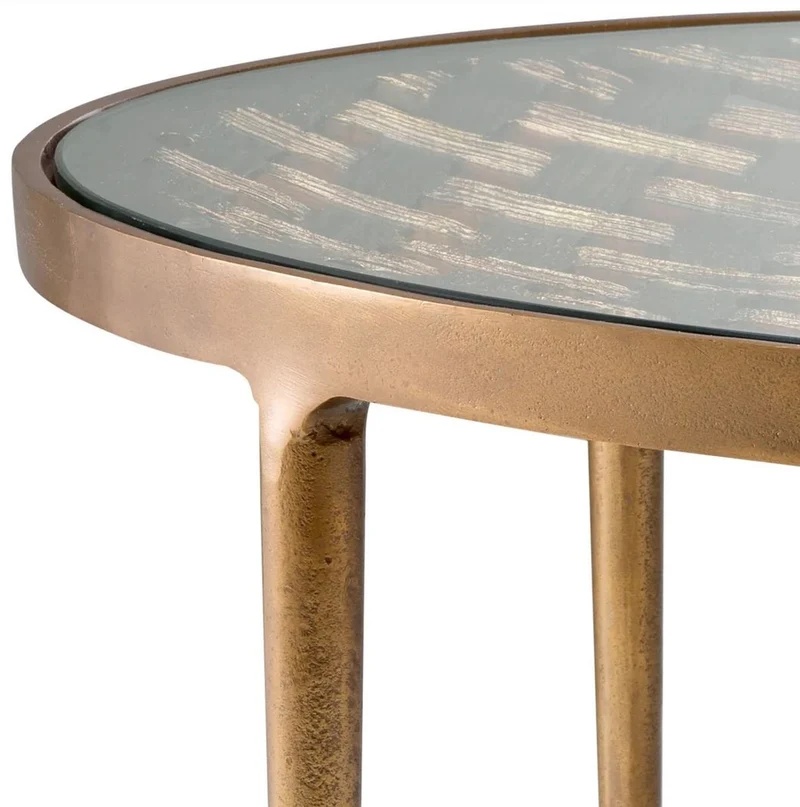 Casa Padrino Luxus Couchtisch Antik Messing Ø 90 x H. 44,5 cm - Runder Aluminium Wohnzimmertisch mit Glasplatte - Luxus Möbel - Wohnzimmer Möbel - Luxus Einrichtung